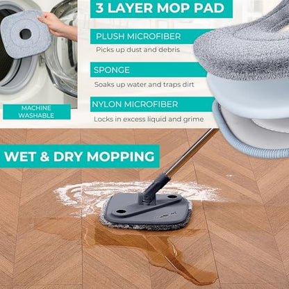 True & Tidy True Clean Spin Mop & Bucket System – Dual Compartment Design for Clean & Dirty Water, 360° Swivel Mop Head, Built-in Scrubbing Brush, Stainless Steel Handle & 2 Reusable Microfiber Pads - size: Spin Mop Standard