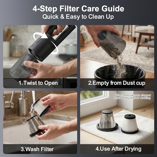 Handheld Vacuum Cordless, Car Vacuum Portable Cordless 30 Mins Rapid Rechargeable Brushless Motor 19000Pa Strong Suction, Portable Vacuum for Car Home with 4 Nozzles (Black)