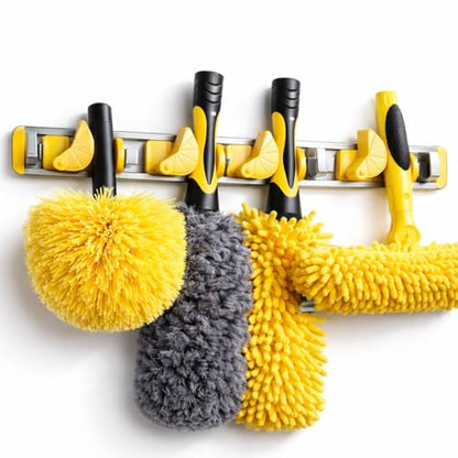 Wall-Mounted Mop and Broom Holder Storage Organizer with Good Grip, Cleaning Tools Hanger for Kitchen, Garden, Laundry Room and Garage, 4 Slots, 5 Hooks