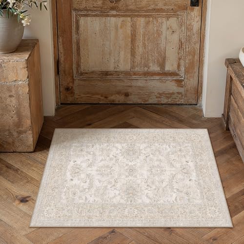 HUGEAR 2x3 Entryway Rug Beige Vintage Machine Washable Rug Small Area Rugs Room Decor Distressed Indoor Door Mat Low Pile Non Slip Carpet for Kitchen Living Bedroom Soft Lightweight - color: Beige, size: 2' x 3' (Rectangular)