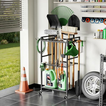 SPACECARE Garden Tool Organizer with Wheels, Yard Tower Rack for Garage Organization and Storage, Up to 35 Long-Handled Tools/Rakes/Brooms, Heavy Duty Steel Garden Tool Stand for Shed, Outdoor, Black - style: RACK-with Wheels