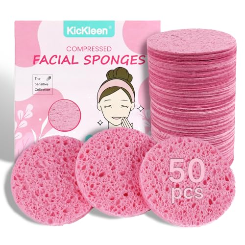 50-Count Compressed Facial Sponges|Kickleen 100% Natural Cellulose Cosmetic Spa Sponges for Daily Facial Cleansing|Makeup and Mask Removal|Exfoliating|Skin Massage|Pore Exfoliation (50 Count (Pink)) - color: 50 Count (Pink)
