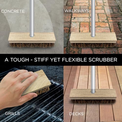 LOLA Deck Scrub Brush, 9" x 3.5" Head w/Palmyra Bristles for Outdoor Cleaning, Removes Dirt & Grime from Patios, Decks, Grout, 1 Count - size: 1 Count, style: Palmyra Deck Broom -Steel Handle