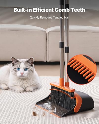 VEVOR Broom and Dustpan Set, Heavy Duty Dustpan and Broom Combo with Self-Cleaning Teeth, Metal Upright Standing Dust Pan with Long Handle, Ideal for Home, Restaurant, Office, Dorm, Black+Orange