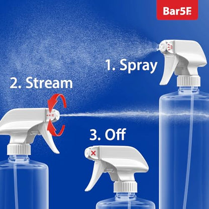 Bar5F Plastic Spray Bottles with Mixor Trigger, 32 oz | Professional, Leak Proof, Empty, Adjustable Fine to Powerful Sprayer, Refillable | Water Plants, Cleaning Solutions | Crystal Clear | Pack of 2