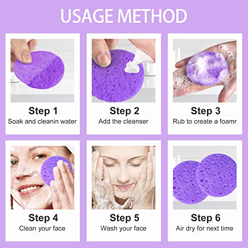 50-Count Facial Sponges Compressed Natural Cellulose Sponge Round Shape Face Sponge for Face Cleansing Exfoliating and Makeup Removal, Purple - color: 50- Pack Purple