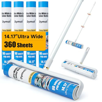 Dymoll 14.17" Large Lint Rollers for Pet Hair Extra Sticky, 360 Sheets Roller with Long Handle for Cleaning Carpets, Clothing, Couch, Furniture Wall Cleaner Mop Dust Remover - size: 1 Roller + 4 Refills (14.17")