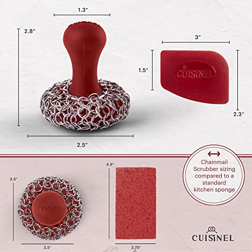 Cuisinel Cast Iron Chainmail Scrubber + Pan Scraper - The Patented Original Ergonomic Stainless & Silicone Pot & Skillet Cleaner - Premium Food-Safe Design - Easy Clean Dishwasher Safe Cookware Sponge - color: Red, size: Standard