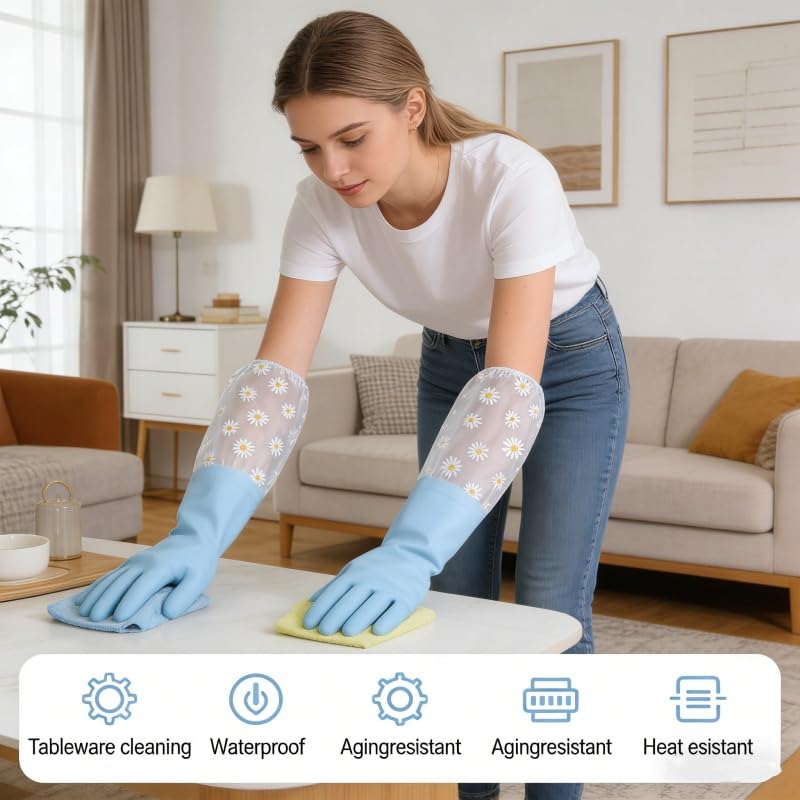 Dishwashing Cleaning Gloves, Reusable Rubber Glove with Long Elastic Cuffs for Chores - color: Blue