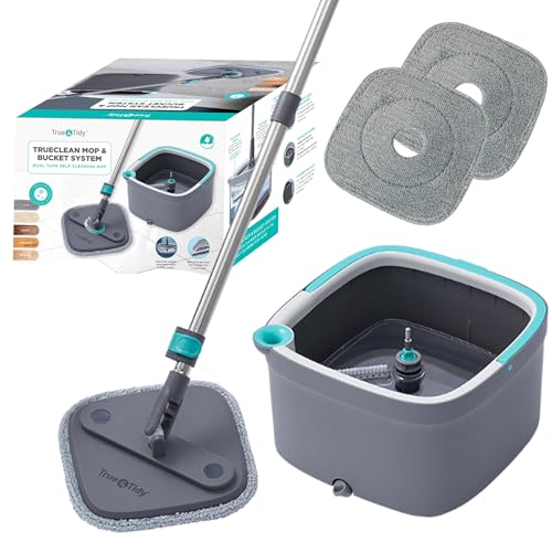 True & Tidy SPIN-800 TrueClean Mop and Bucket System Self Wringing Spin Mop with Separate Compartments for Clean and Dirty Water, Square Spin Floor with 2 Machine Washable Pads - color: Gray
