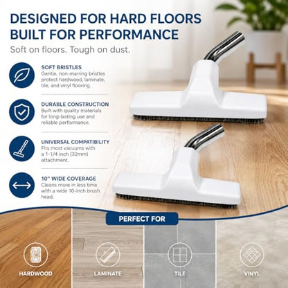 Merchandise Mecca 2 Pack Premium Hardwood Floor Brush Vacuum Attachment – Black Metal Neck, Soft Bristles, Universal Size 1-1/4 Inch (32mm) Fit, 10” Wide (White) - color: White