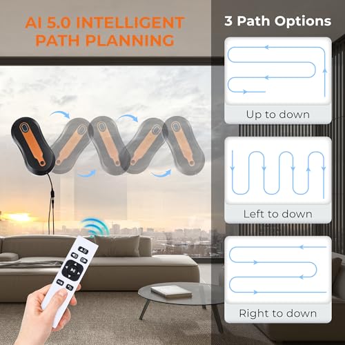 FRUITEAM Automatic Window Cleaner Robot with Dual Direction Auto-Spray, APP and Remote Control, Smart Path Detection, Triple Safety System Anti-Drop for High-Rise Windows, Glass,Door, with 8 Rags