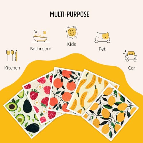 Swedish Dishcloths for Kitchen, Swedish Dish Cloths 5 Pack, Super Absorbent Reusable Paper Towels Washable, Biodegradable, Quick Drying, Dishwasher Safe - color: 5 Count- Fruits