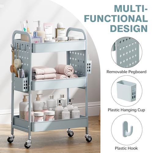 KINGRACK 3 Tier Rolling Cart with DIY Hanging Board, Metal Rolling Utility Cart with Wheels Handles Baskets Hooks, Rolling Storage Cart Suitable for Bathroom, Kitchen, Office, Nursery Diaper (Green) - color: Light Green