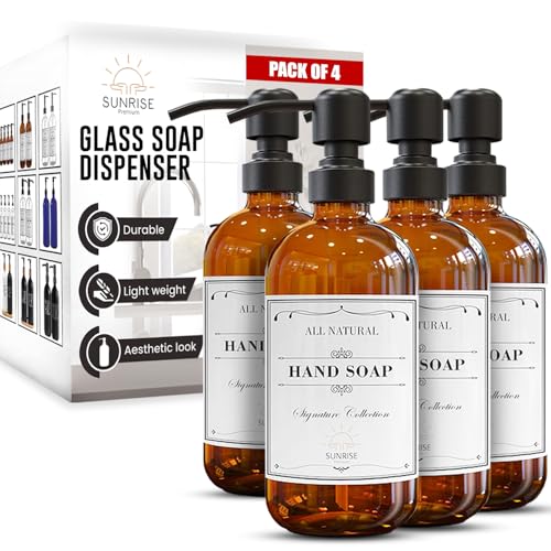 Sunrise Premium 4 Pack Amber Glass Soap Dispenser 16 OZ with Matte Black Stainless Steel Pump, Hand and Dish Soap Dispenser Set for Bathroom and Kitchen Sink with 12 Waterproof Labels - color: Matte Black Ss Pump - Amber Glass 4pc