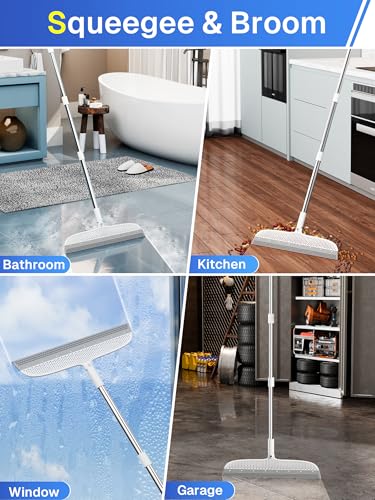 Silicone Floor Squeegee, 180° Rotating Air Broom, Squeegee for Floor with a Long Handle, Magic Broom for Water and Pet Hair Removal on Bathroom Floors, Tile, Deck and Glass, Indoor Cleaning Tool - size: [Hot] 15.7" | Soft TPR Silicone with Raised Dots