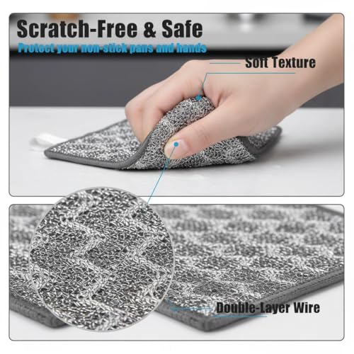 10 Pack Metal Dish Cloth Non Scratch Wire Dishcloth, Reusable Steel Wool Scrubber Pads for Pots Pans Cooktops, Multi Surface Cleaning Cloths Scratch Free Safe for Glass, Wet & Dry Use