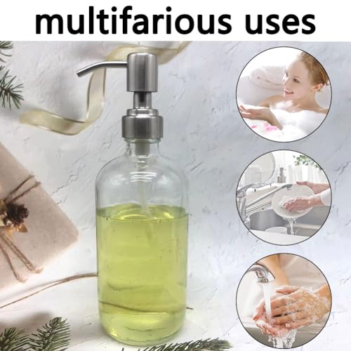 17 Ounce/ 500 ML Clear Glass Soap Dispenser with Stainless Steel Pump Refillable Liquid Hand Soap Dispenser Lotion Round Bottle Container for Kitchen, Bathroom, 1 Pack