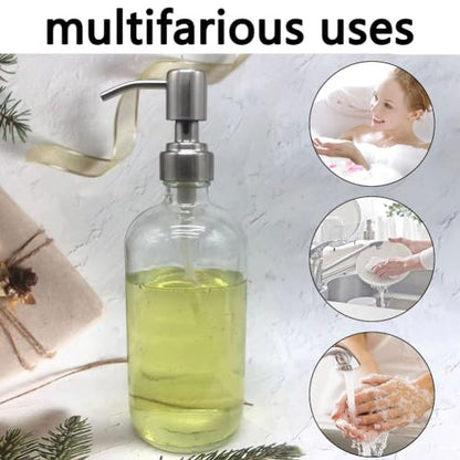 17 Ounce/ 500 ML Clear Glass Soap Dispenser with Stainless Steel Pump Refillable Liquid Hand Soap Dispenser Lotion Round Bottle Container for Kitchen, Bathroom, 1 Pack