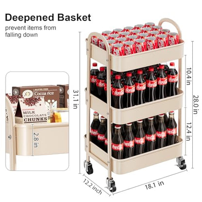 Beige 3 Tier Rolling Cart Metal on Wheels, Three Tiered Storage Organizer Utility Trolley with Wheels for Art, Craft, Baby Diaper Caddy, Snack, Book, Nail, Lash, Cleaning Supplies, Kitchen, Bathroom - color: Light Beige