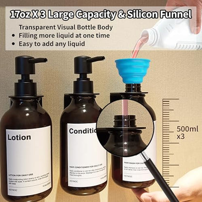 Shampoo Dispenser for Shower Wall, Shampoo and Conditioner Dispenser with 16 Waterproof Labels, Shower Dispenser 3 Chamber No Drill, Shower Soap Dispenser Wall Mounted for Bathroom, 17oz, Amber - color: 2-amber Bottle + Black Pump
