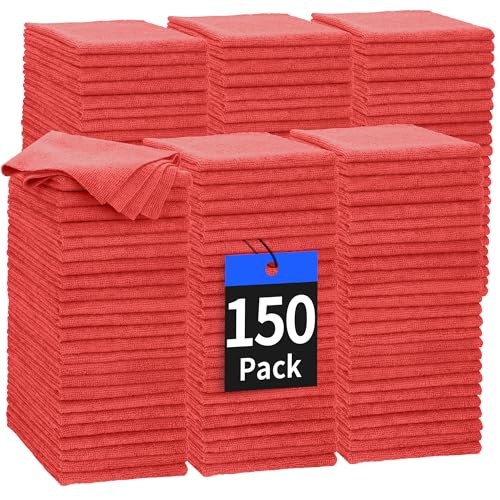 Microfiber Cleaning Cloth, 150 Pack Cleaning Rags Microfiber Towel Bulk Absorbent Lint-Free WashCloths, All-Purpose Towels for Cars, Shop, Automotive, Garage, Home Kitchen 11.5"*11.5", Red - color: Red, style: 150 Pack