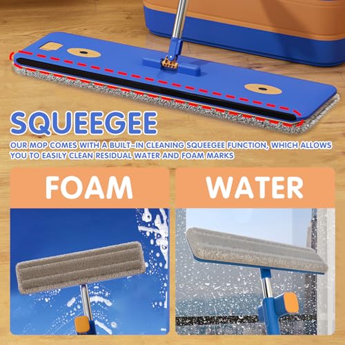 16.5" Self Wringing Flat Mop and Collapsible Bucket Set - Hands-Free Wet & Dry Microfiber Mop with Built-in Squeegee & 5 Washable Pads - Floor Cleaner for Hardwood, Laminate, and Tile - size: Mop & 5 microfiber mop pads & collapsible bucket