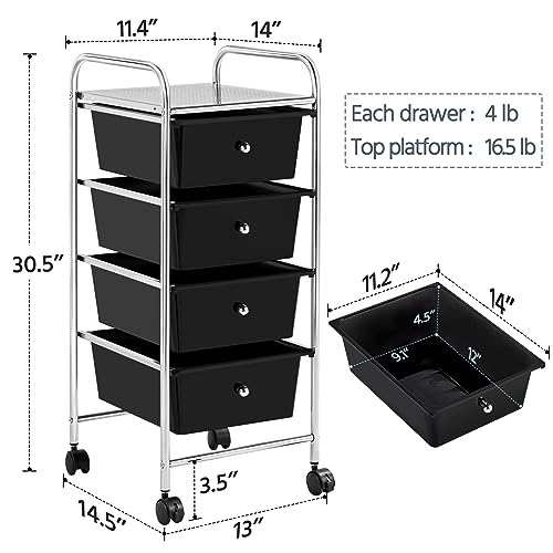 Yaheetech 4 Drawers Cart Rolling Storage Organizer Metal Frame Plastic Drawers Trolley Organizer on Wheels, Black - color: Black, style: 4 Drawers