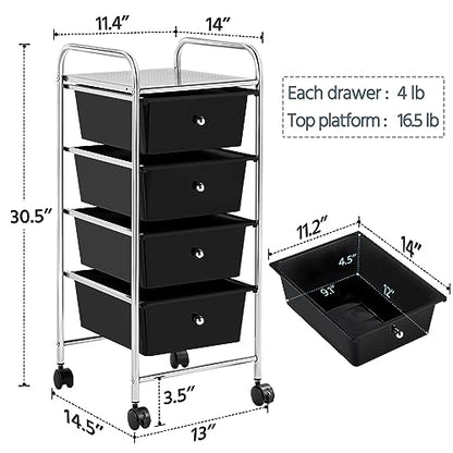 Yaheetech 4 Drawers Cart Rolling Storage Organizer Metal Frame Plastic Drawers Trolley Organizer on Wheels, Black - color: Black, style: 4 Drawers