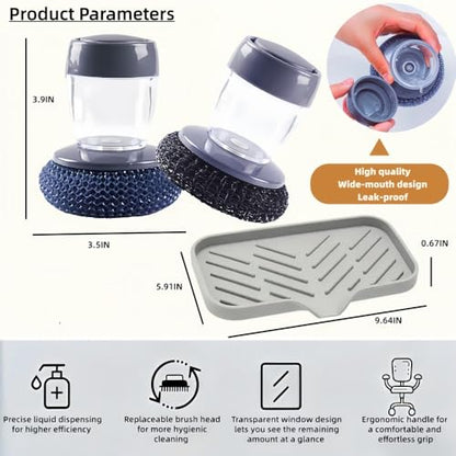2-in-1 Soap Dispensing Dish Brush Set, with 6 Heads & Tray | PET soft for non-stick; steel wool for cast iron. Upgraded seal reduces leaks. 6 heads + drip tray