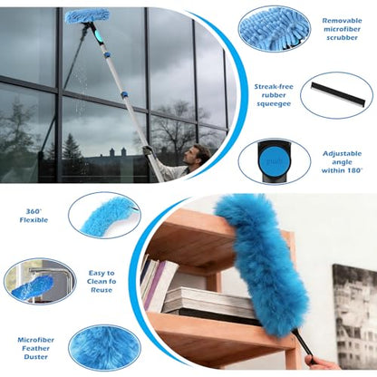 25FT Reach High Ceiling Duster Kits with 5-20FT Adjustable Pole - Includes Extra Long Duster, High Ceiling Duster, Rotatable Window Squeegee & Cobweb Duster for Ceiling Fans and Whole House Cleaning - color: Blue, size: 20FT