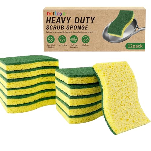 12 Count Heavy Duty Scrub Sponges,Dual Sided Kitchen Sponges for Non-Coated Cookware and Outdoor Grills, Flexible, Durable, and Strong, Long Lasting Cleaning Sponges for Cleaning Kitchen Dishes - color: Yellow-12
