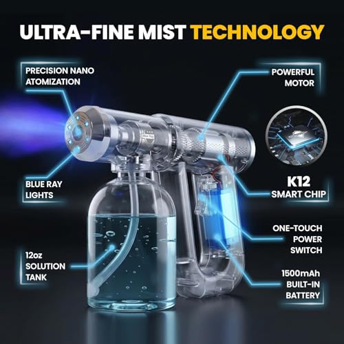 Professional Disinfectant Nano Spray Gun, Ultra Fine Atomizer Sprayer,White | Continuous Spray Bottle with Blue Light, Easy to Use Lightweight and Rechargeable Sanitizer Gun, Multipurpose Fogger Machine - color: White