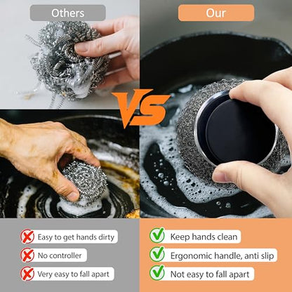 8Pcs Stainless Steel Wool Scrubber with 2 Silicone Handles, Scouring Brush for Cleaning Dishes, Pots, Pans, Grills, and Sinks(Black)