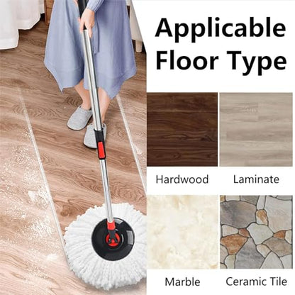 Mop and Bucket with Wringer Set, 360° Mop Bucket Floor Cleaning System with 3 Microfiber Replacement Mop Head Refills, 61" Adjustable Stainless Steel Handle, 2X Wheel for Home Cleaning