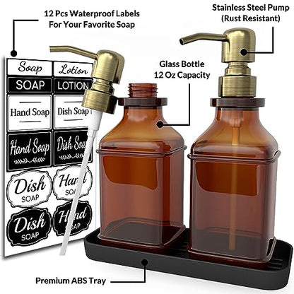 LMQML Soap Dispenser - 2 Pack, Antique Design Thick Amber Glass Hand Soap Dispensers with Sturdy Tray; 304 Rust Proof Stainless Steel Black Pump, 12Pcs Stickers, for Kitchen, Bathroom - Brushed Gold - color: Brushed Gold