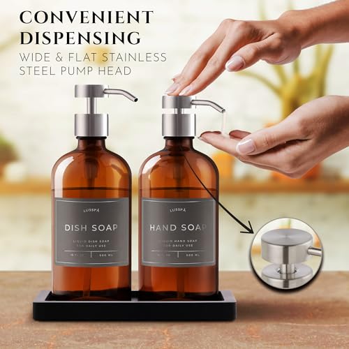 Glass Soap Dispenser Set of 2 (Amber) with Silicone Tray | Hand and Dish Soap Dispenser for Kitchen and Bathroom | 16.8 Oz Glass Bottles with Stainless Steel Pump & 15 Waterproof Labels (Amber/Silver) - color: Amber/Silver