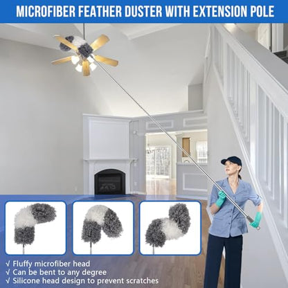 UIMO Microfiber Feather Duster 5-in-1 Kit for Dusting and Cleaning – 30–100" Extension Pole, Anti-Slip Grip, Bendable Washable Heads for Ceiling Fan, Furniture, Car (Blue) - color: Blue