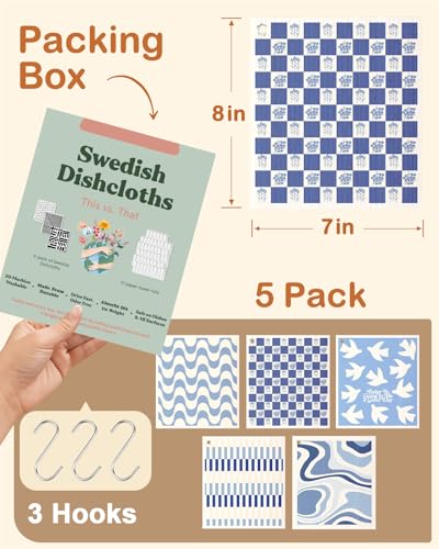 Miss Adola Swedish Dishcloths for Kitchen with Hooks - Reusable Dish Cloths for Washing Dishes Fast Drying Cute Fun 5 Pack Swedish Dish Towels Washable Cleaning Sponge, Blue Geometrical - color: Blue White Geometrical