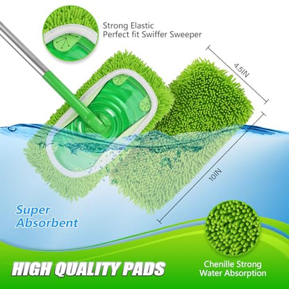Set of 4 Reusable Microfiber Mop Pads Compatible with Swiffer Sweeper, Dry Sweeping Cloths, Washable Wet Mopping Cloth Refills for Floor Cleaning (Mop is Not Included) (4 Pack, Green) - color: Green