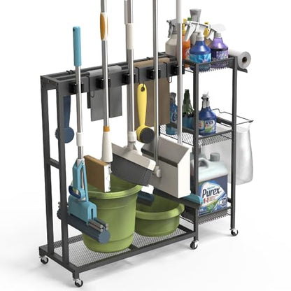 Rolling Cleaning Cart with Wheels, Mop and Broom Holder Organizer, Heavy Duty Utility Cleaning Supply Rack with Storage Shelves & Hooks for Garage, Laundry Room, Kitchen