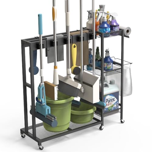 Rolling Cleaning Cart with Wheels, Mop and Broom Holder Organizer, Heavy Duty Utility Cleaning Supply Rack with Storage Shelves & Hooks for Garage, Laundry Room, Kitchen