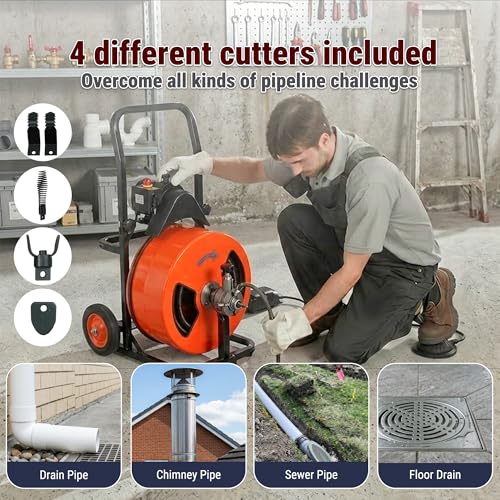 100FT x 1/2 Inch Drain Cleaner Machine, Auto Feed Electric Drain Auger for 2"-4" Pipes, Enclosed Metal Drum with 4 Cutters & Pneumatic Foot Switch, Sewer Snake Auger - style: 100FT x 1/2inch