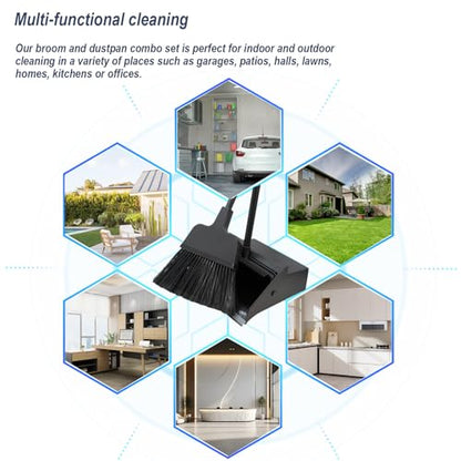 Broom with Dustpan Combo Set Outdoor Upright Dustpan and Broom Set with Long Handle Angle Broom and Dustpan Set for Garage Patio Courtyad Lobby Lawn Home Kitchen Ofiice