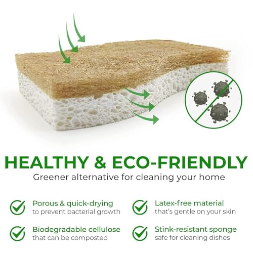 AIRNEX Natural Kitchen Sponges (24 Pack) - Biodegradable Cellulose & Coconut Scrubber Dish Sponges for Kitchen - Eco-Friendly, Non Scratch, Compostable, Non Toxic S-Shaped Natural Sponges for Dishes - size: 24
