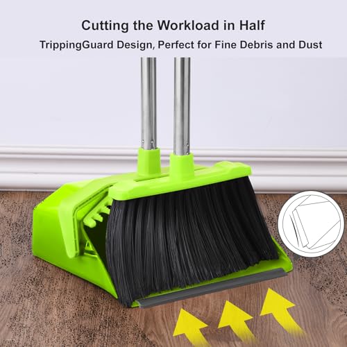Tiumso Upgrade Broom with Dustpan Combo Set, Broom and Dustpan Set with 51'' Long Handle, Large Upright Brooms and Dust Pans, ZeroGap Lip, Self-Cleaning Teeth for Lobby and Restaurant - Light Green - color: Green