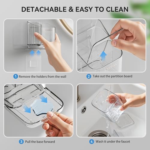 Toothbrush Holders for Bathrooms, 3 Slots Detachable Electric Toothbrush Holder Wall Mounted with Divider, Removable Tooth Brush and Toothpaste Holder Organizer for Bathroom/Kitchen/Office - color: Clear*2