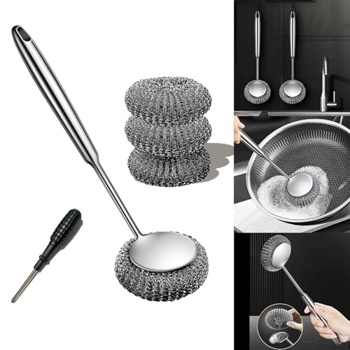 Stainless Steel Scourer Scrub Set with Long Handle Brush+Steel Ball+Screwdriver Metal Scouring Pad Removes Grease, Oil and Dirt Stains from Pots, Dishes and Bakeware (B) - color: B