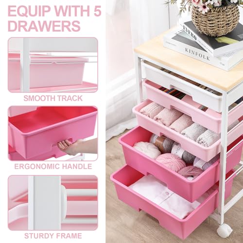SYKIARIOL Utility Cart with 5 Drawers,Storage Drawer Cart with Wooden Tabletop and Lockable Wheels,Craft Storage Trolley Cart,5-Tier Rolling Utility Cart on Wheels,Rose Pink - color: Rose Pink
