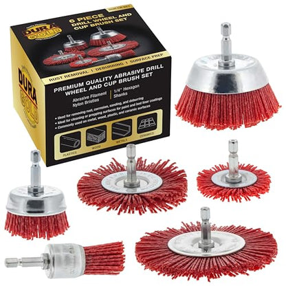 Dura-Gold 6 Piece Abrasive Filament Nylon Bristle Cup Brush Set - 1/4" Hex Drill Shank Arbor, Coarse Grit Angle Grinder Brush for Truck Bed Liner Surface Prep, Sanding, Scuffing, Rust & Paint Removal
